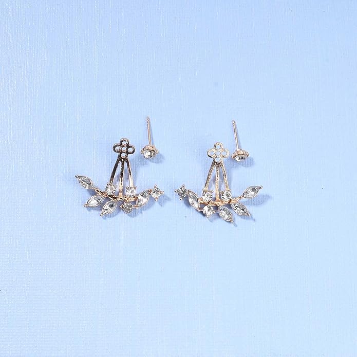 Boho Crystal Leaf Ear Jackets Earrings Gold Cz Crystal Earrings Rhinestone Front Back Studs Earrings Minimalist Earrings Jewelry for Women and Girls Gifts-BrightBean Baby