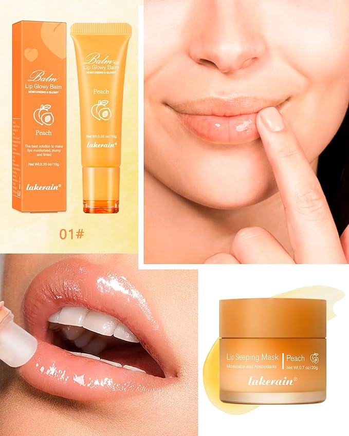 2Pcs Lip Glowy Balm & Lip Sleeping Mask Set,Hydrating Nourishing Repair Sleeping Lip Mask,Glossy Tinted Lip Balm,Day & Night Smooth Cracked Chapped Dry Lip,Lip Care Therapy Treatment for Women-01Peach-BrightBean Baby