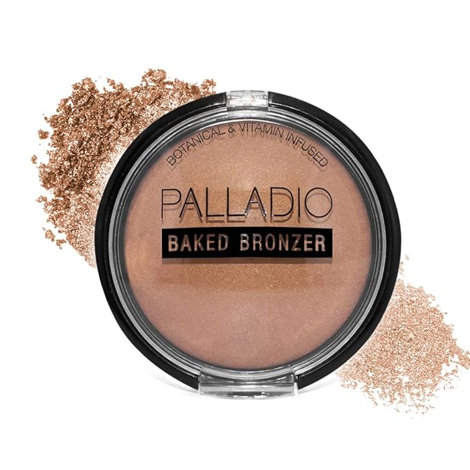 Palladio Baked Bronzer, Highly Pigmented and Easy to Blend, Shimmery Bronzed Glow, Use Dry or Wet, Lasts all day long, Provides Rich Tanning Color Finish, Powder Compact, Caribbean Tan-BrightBean Baby