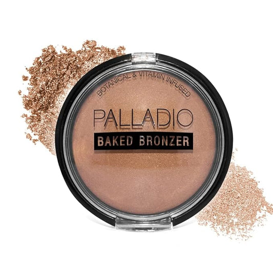 Palladio Baked Bronzer, Highly Pigmented and Easy to Blend, Shimmery Bronzed Glow, Use Dry or Wet, Lasts all day long, Provides Rich Tanning Color Finish, Powder Compact, Caribbean Tan-BrightBean Baby