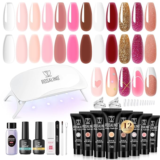 ROSALIND 12PCS Pink Brown Poly Nail Gel Kit with Mini Nail Lamp White Glitter Pink Poly Extension Gel Set-BrightBean Baby