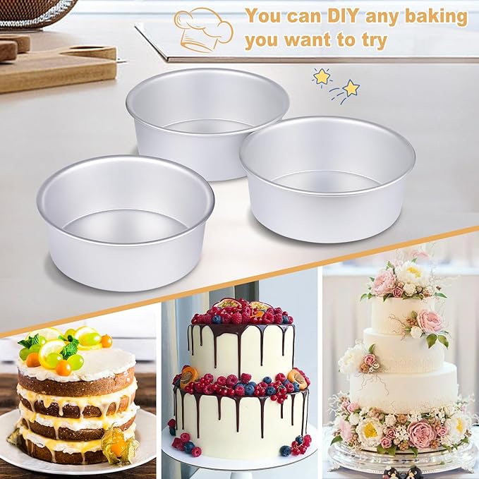 HomeMall Round Cake Pan Set of 3 (6 x 3 inch/8 x 3 inch/10 x 3 inch), Aluminum Baking Pans for Layer Cakes, Heavy Duty Non-Stick, Evenly Baking Tools for Home Kitchen, Birthday Wedding Anniversary