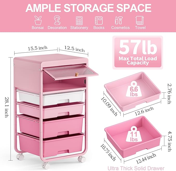 Utility-Rolling-Storage-Drawer-Craft-Cart-Organizers with 4 Drawers & Dust-Proof Door for Kid Craft Art Room,Bedroom,Home Office, Classroom, Rose Pink-BrightBean Baby