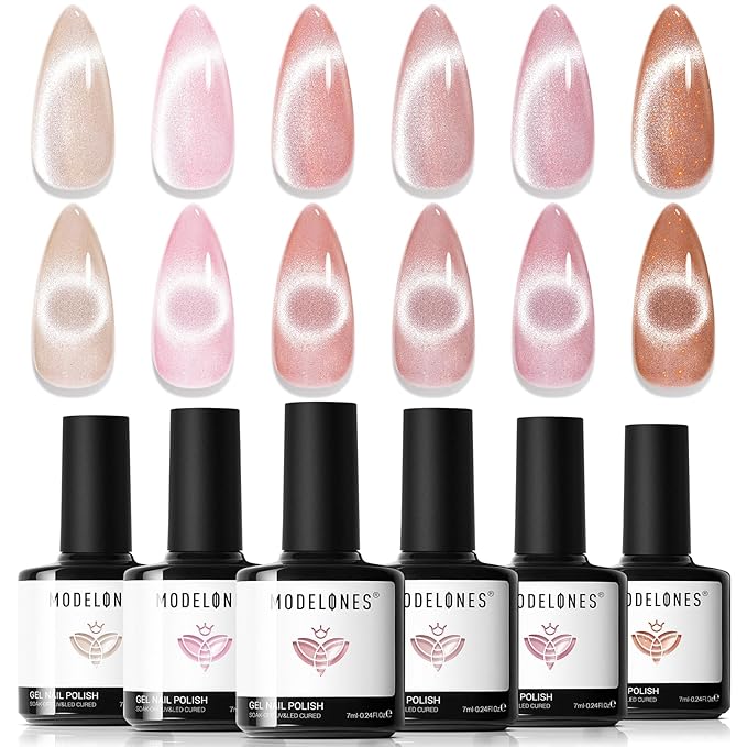 modelones Cat Eye Gel Nail Polish, 6 Colors Nude Gel Polish Pink Glitter Brown with Magnet Sparkle Galaxy Series Nail Polish Kit Soak Off Led Nail Art Manicure Salon DIY Gifts-BrightBean Baby