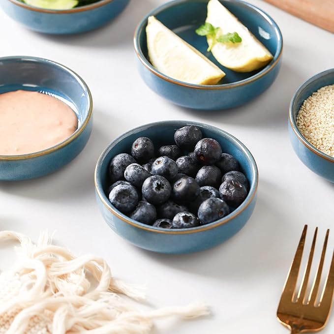 Selamica Ceramic 3.3 Inch Soy Sauce Dish Dipping Bowls Side Dishes Small Appetizer Pinch Bowls for Condiments, Sushi, Ketchup, BBQ-Set of 6(Ceylon Blue)