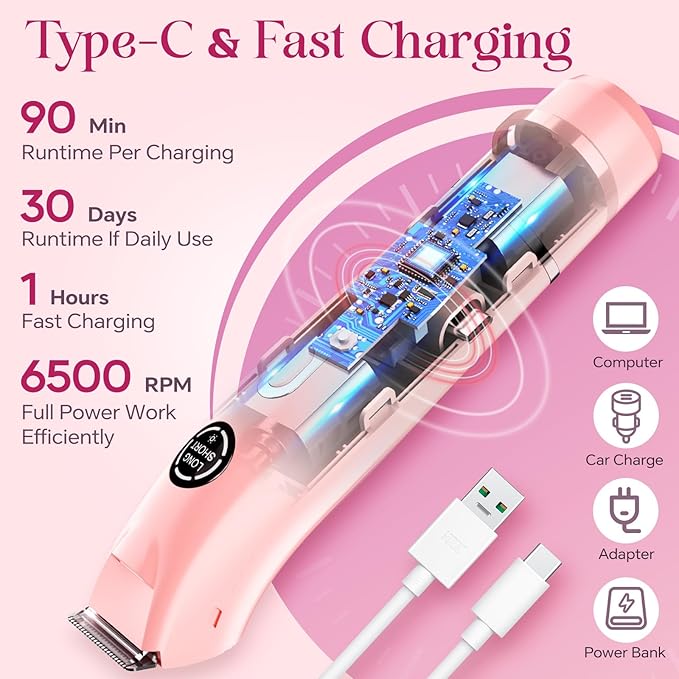 Bikini Trimmer for Women|Hair Removal Shaver - Painless Electric Razor, Cordless Body Shaver for Travel, Replaceable Lady Facial Razor|Trim Nasal/Eyebrows, IPX7 Waterproof&Easy Cleaning, Ceramic Blade-BrightBean Baby