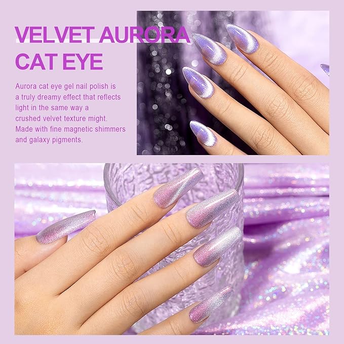 RARJSM Aurora Cat Eye Gel Nail Polish Set 6 Colors Velvet Silver Glitter Purple Pink Green Champagne Galaxy Star Cloud Ice Gel Polish with Magnet Stick UV LED Curing Requires Soak Off Home Salon-BrightBean Baby