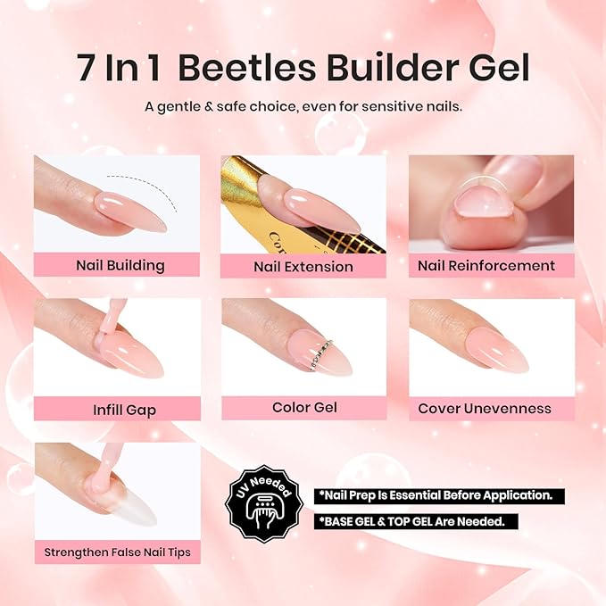 Beetles Pink Nude Builder Gel for Nails 7 in 1 Strengthener Gel for Nail Apex & Thickening Nail Extension DIY Salon at Home Beauty Gift Sets for Women Base Coat Top Coat Needed-BrightBean Baby