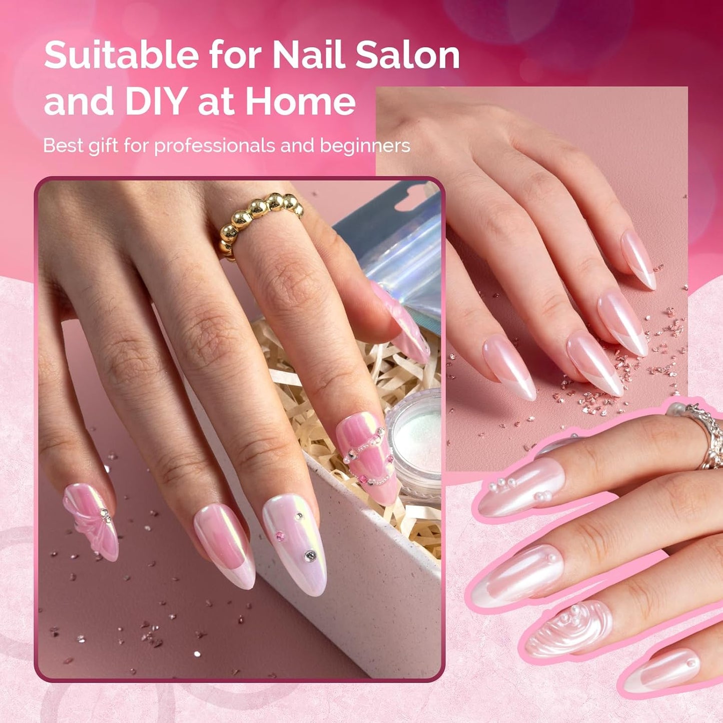 MelodySusie 2Pcs Chrome Nail Powder for Gel Nails, Pearl and Aurora Powder Mirror Effect Pigment Pearlescent Mermaid Pigment Pearl Glitter for Home DIY Salon Use-BrightBean Baby