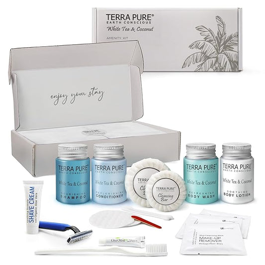 Terra Pure White Tea & Coconut Amenity & Accessory Kit |1 oz Travel Size Shampoo, Conditioner, Lotion, Body Wash, 2 Cleansing Bars, Shave & Dental Sets, Make-Up Remover Wipes, & Vanity Kit | 1 Box-BrightBean Baby