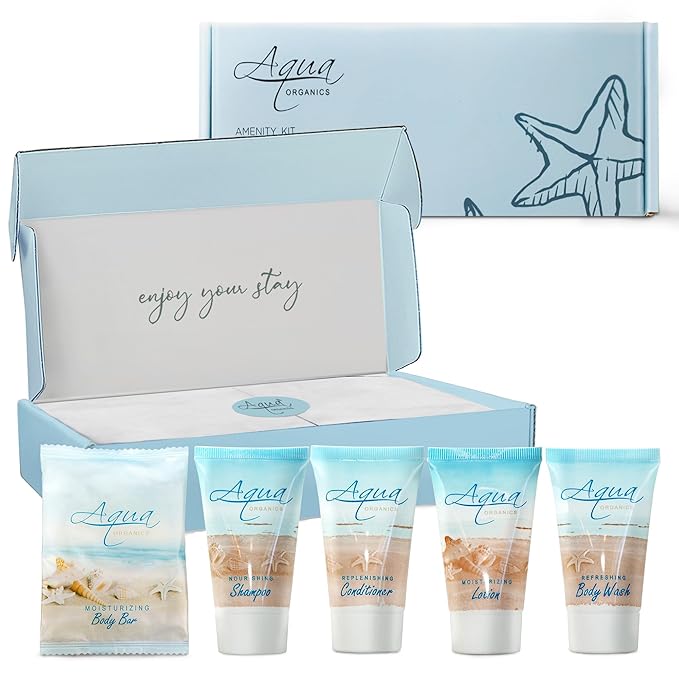 1-Shoppe All-In-Kit|Aqua Organics Amenity Kit|Boxed Hotel Toiletries|Bulk Set 1oz Travel Size Shampoo,Conditioner,Lotion,Body Wash & Bar Soap for Guest Hospitality AirBnB/Vacation Rentals|5 Pieces-BrightBean Baby