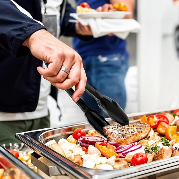 12 Pack Large Plastic Serving Tongs For Buffet - Plastic Serving Utensils For Hot And Cold Food - Disposable Serving Tongs For Parties, Holidays And Gatherings (Black)