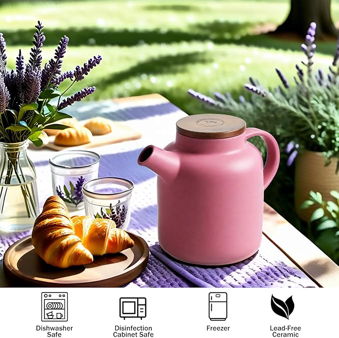 Yundu 1500ml / 50 oz Ceramic Teapot with Infuser & Wood Lid - Matte Purple, Loose Leaf Tea Pot with Removable Strainer, Large Capacity