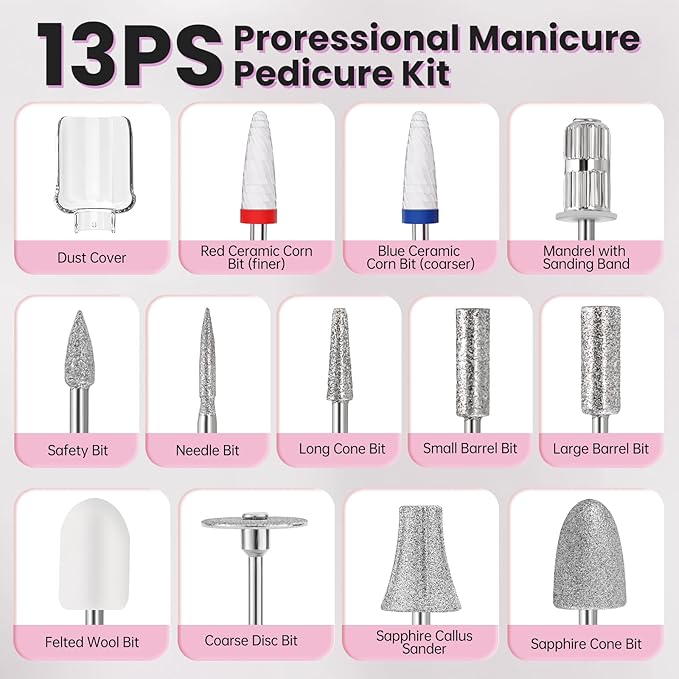 Electric Nail Drill, Cordless 2000 mAh Rechargeable Portable Nail File 12 in 1 Kit for Thick Toenails, 10 Speeds Nail Dril Machine Professional Manicure Pedicure for Hand Natural Nails Care (White)-BrightBean Baby