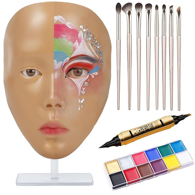 Make Up Practice Face, Face Painting Mannequin Head with Stand, 5D Reusable Silicone Face Practice Board, Mannequin Head for Makeup with Makeup Kit, Practice Face for Makeup Artist & Beginner, Brown-BrightBean Baby