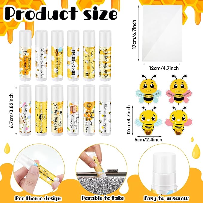 48 Sets Bee Lip Balm with Bee Themed Thank Card Tags Baby Shower Favor Bulk Bee Themed Gifts for Baby Shower Baptism Birthday Party Supplies Christmas Party-BrightBean Baby