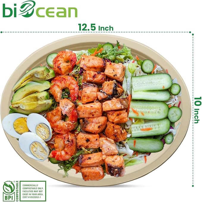 12.5 Inch Compostable Oval Plates [125-Value Pack] - Sustainable and Heavy-Duty Compostable Paper Plates, Natural Sugarcane Bagasse Biodegradable Plate, Natural Brown