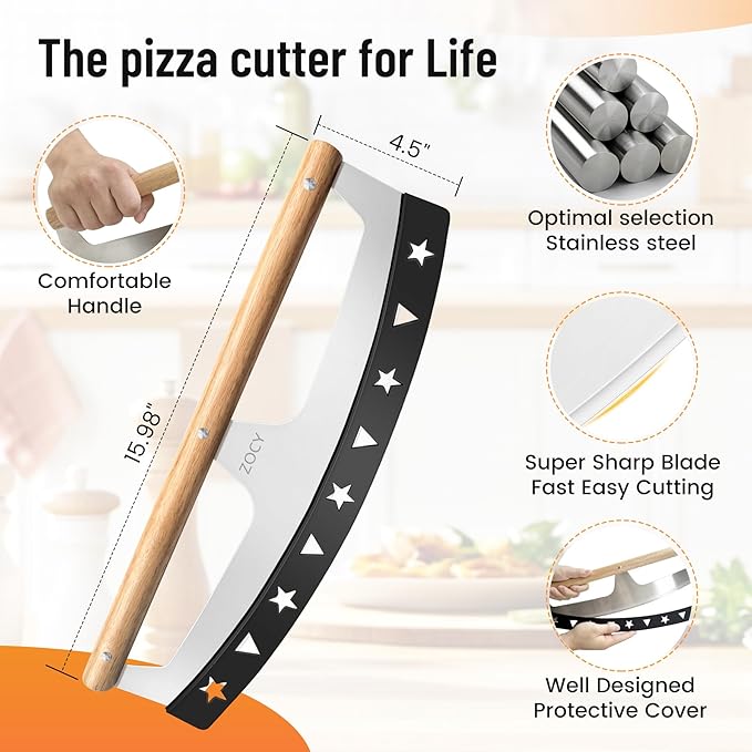 Pizza Cutter Rocker with Wooden Handles & Protective Cover by Zocy, 16" Sharp Stainless Steel Pizza Slicer Wheel, Big Pizza Knife Cutters for Kitchen Tool (16inch)
