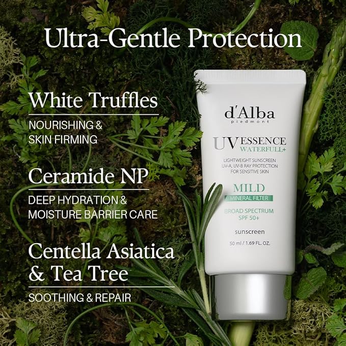 d'alba Piedmont Italian White Truffle Waterfull Mild Sunscreen, Vegan, Mineral Sunscreen, BROAD SPECTRUM SPF 50+ Non-Nano Suitable for Sensitive Skin, Korean Skin Care (1.69 fl. oz)-BrightBean Baby