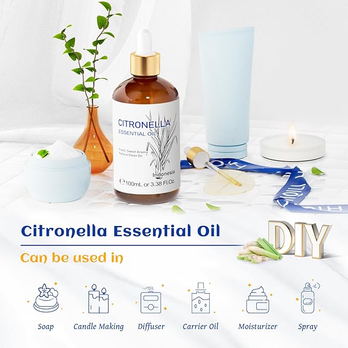 HIQILI 100ML Citronella Oil for Homemade Sprays, Add to Diffuser, 100% Pure and Natural Undiluted 3.38 Fl Oz-BrightBean Baby