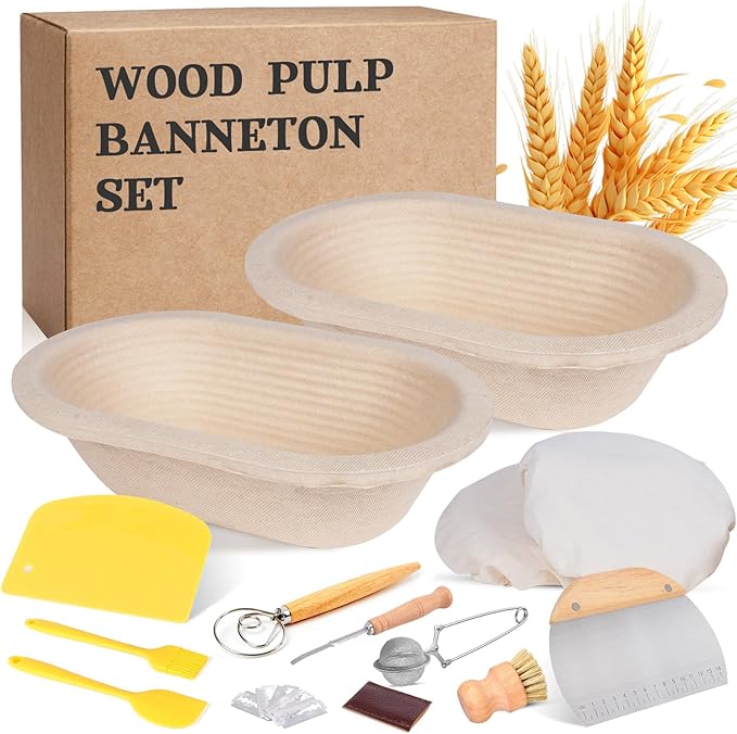 Non-Stick Oval Wood Pulp Banneton Bread Proofing Basket Set Of 2, Sourdough Banneton Basket Kit, Bread Making Tool Sourdough Starter Kit with Proofing Bowl, Cover, Dough Whisk, Lame, Scraper