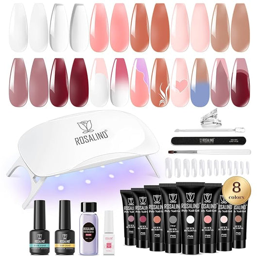 ROSALIND Poly Nail Gel Kit -8 Colors + White Brown Accessories Clear Nude Poly Nails Gel Starter Kit With Slip Solution Nude Pink Extensions Set with Mini UV Lamp-BrightBean Baby