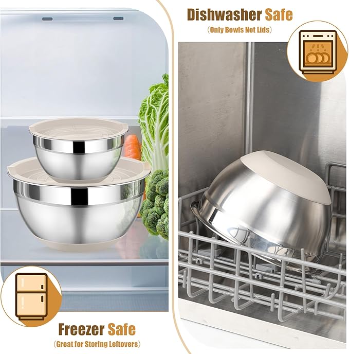 P&P CHEF Mixing Bowl with Lids Set of 3, Stainless Steel Nesting Salad Bowls for Serving Preparing, 3 Grater Attachments & Non-Slip Bottoms, Size 1.5/2.6/4.6 QT, Khaki