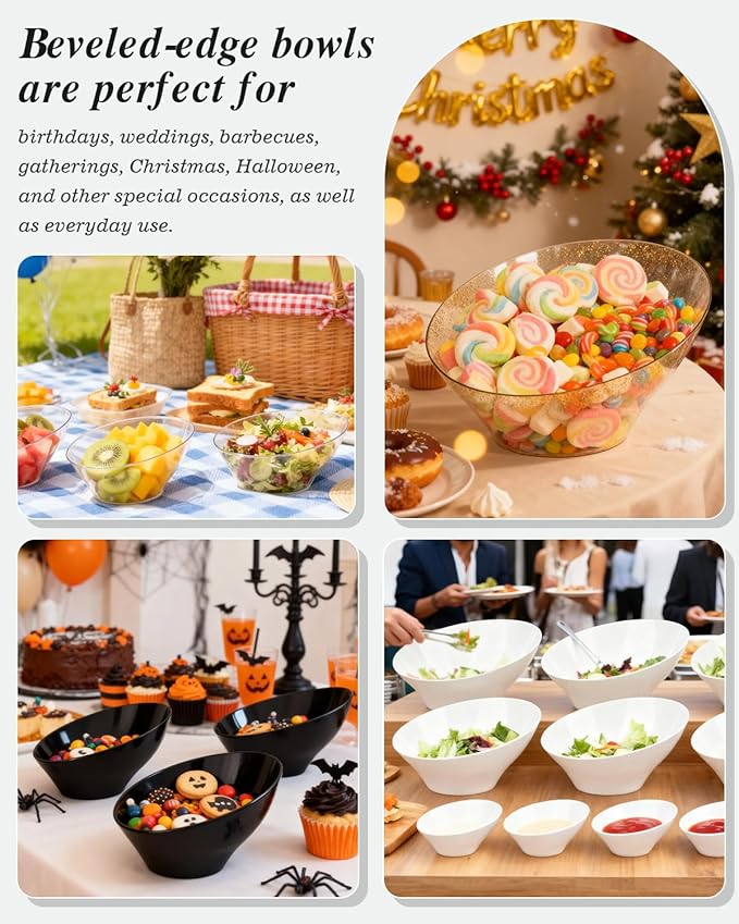 BESTVIP 20oz Clear with Gold Glitter Serving Bowls for Party - 12 Pack Angled Disposable Serving Bowls for Chips, Snacks, Fruit, Salad - Decorative Catering Bowls for Daily Use, Christmas