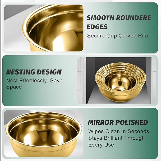 BEWOS 5PCS Mixing Bowls with Airtight Lids Set - 5 Stainless Steel Mixing Bowls, Dishwasher Safe, Ideal for Baking & Meal Prep, Stackable Design for Easy Storage