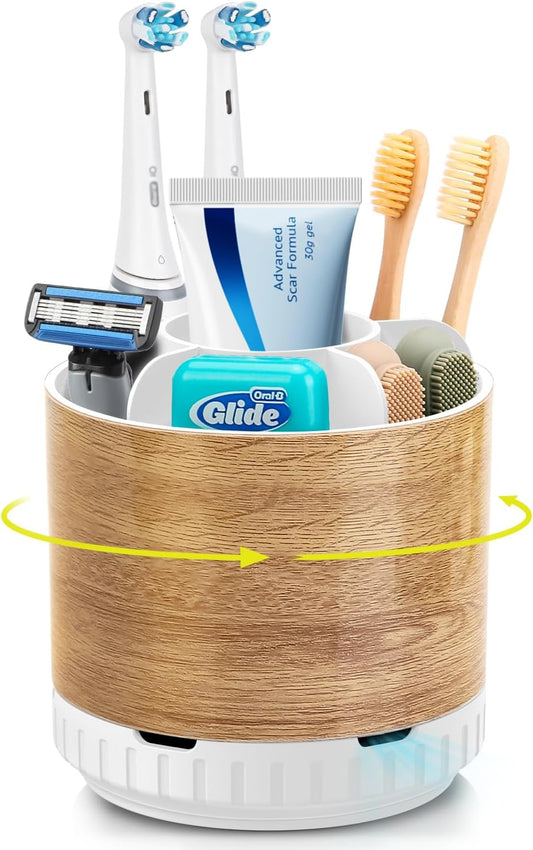 Wood Toothbrush Holders Organizers - Rotating Detachable 6 Slots Electric Toothbrush and Toothpaste Holde for Bathroom Accessories Organization Counter Vanity Sink Storage-BrightBean Baby