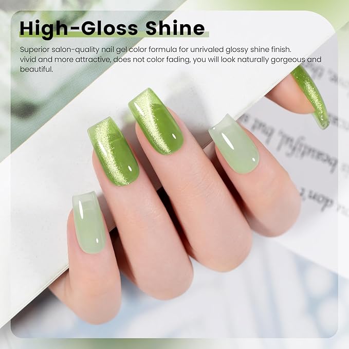 RARJSM Green Jelly Glass Gel Nail Polish Set 6pcs Clear Crytal Army Dark Jade Sage Green Transparent Sheer Amber Series Milky Diamond Cat Eye Gel Varnish LED UV Curing Requires-BrightBean Baby