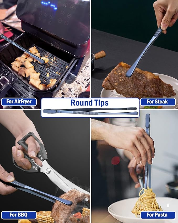 JETKONG 4 Pcs Kitchen Tweezers, 12'' and 10'' Stainless Steel Cooking Tweezers Set, High-Precision Tweezers Tongs for Cooking, Repairing, Seafood and BBQ (Blue)