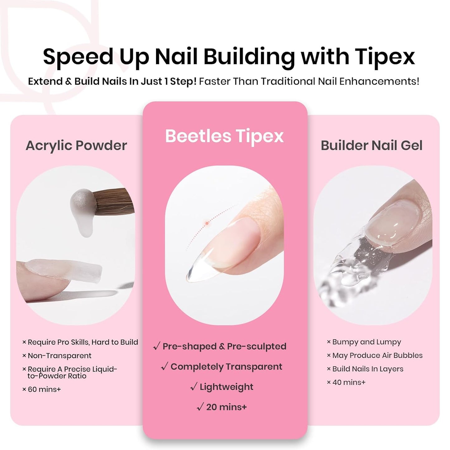 Beetles Tipex Gel Nail Kit, Medium Almond Nail Tips 224 Pcs 16 Sizes Pre-Building Pre-Etched False Nail Tips with Tipex Nail Glue, Mini Nail Lamp Thick Acrylic Nail Set Halloween Nails-BrightBean Baby