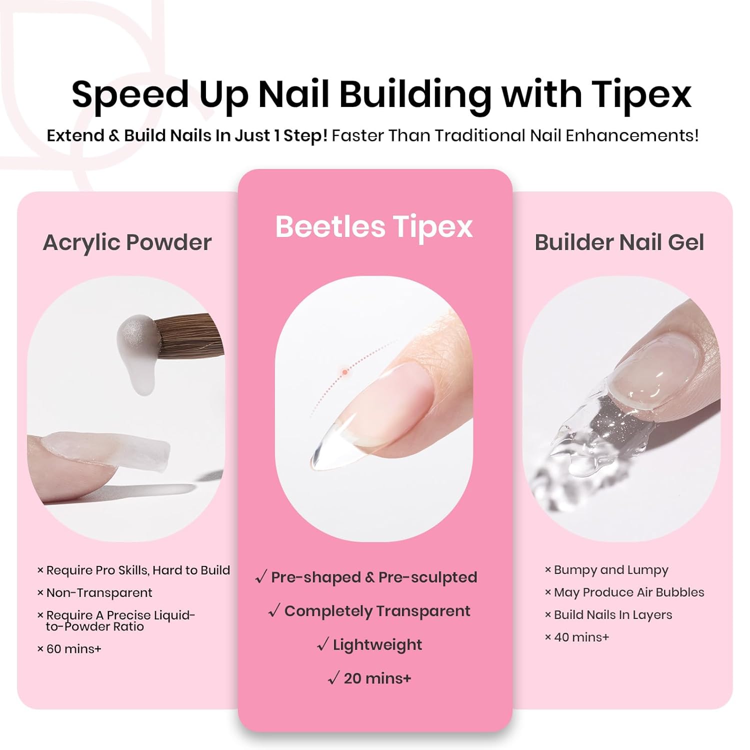 Beetles Tipex Gel Nail Kit, Medium Almond Nail Tips 224 Pcs 16 Sizes Pre-Building Pre-Etched False Nail Tips with Tipex Nail Glue, Mini Nail Lamp Thick Acrylic Nail Set Halloween Nails-BrightBean Baby