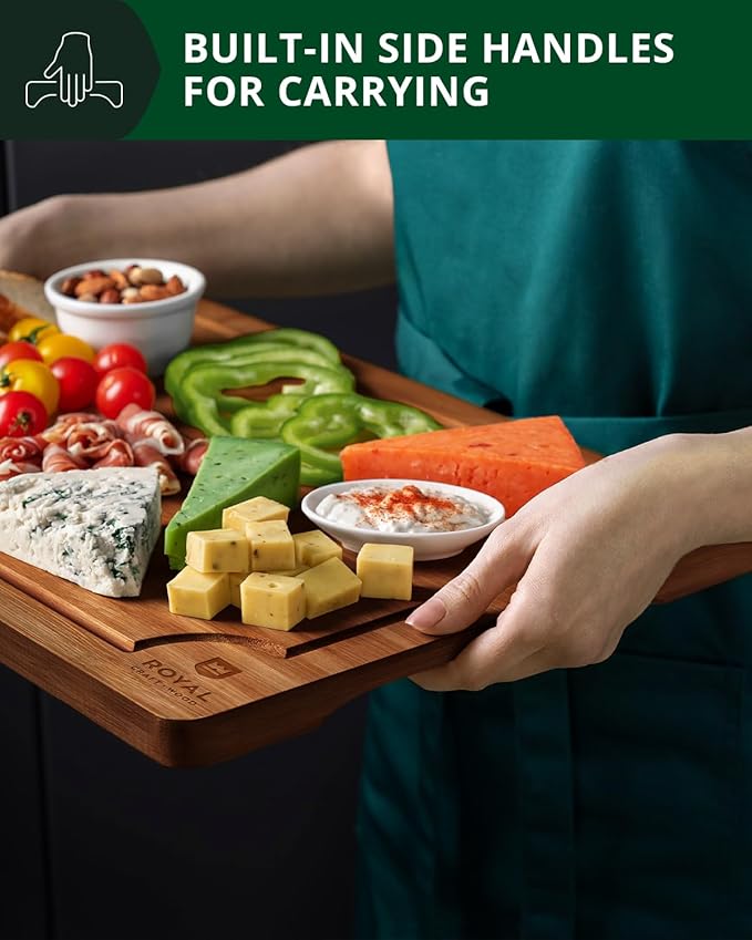 ROYAL CRAFT WOOD Wooden Cutting Boards for Kitchen Meal Prep & Serving - Bamboo Wood Serving Board Set with Deep Juice Groove Side Handles - Charcuterie & Chopping Butcher Block for Meat (3 Pcs)