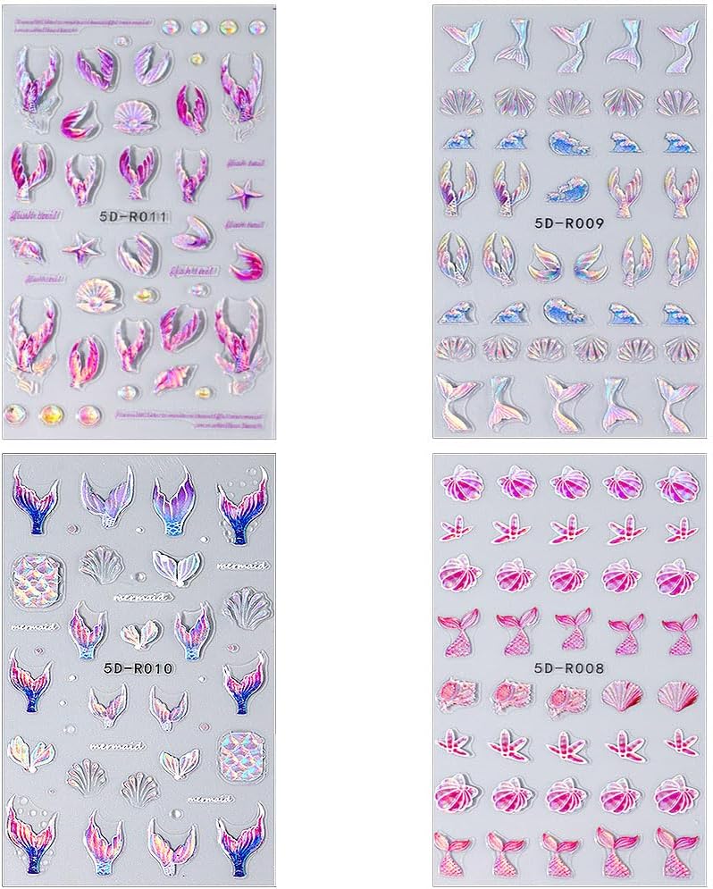 5D Dreamy Mermaid Tail Nail Stickers Summer Nail Decals 5D Embossed Laser Mermaid Nail Art Stickers Sea Wave Fishtail Shellfish Starfish Nail Design Stickers Self Adhsive Ocean Stickers for Nails DIY-BrightBean Baby