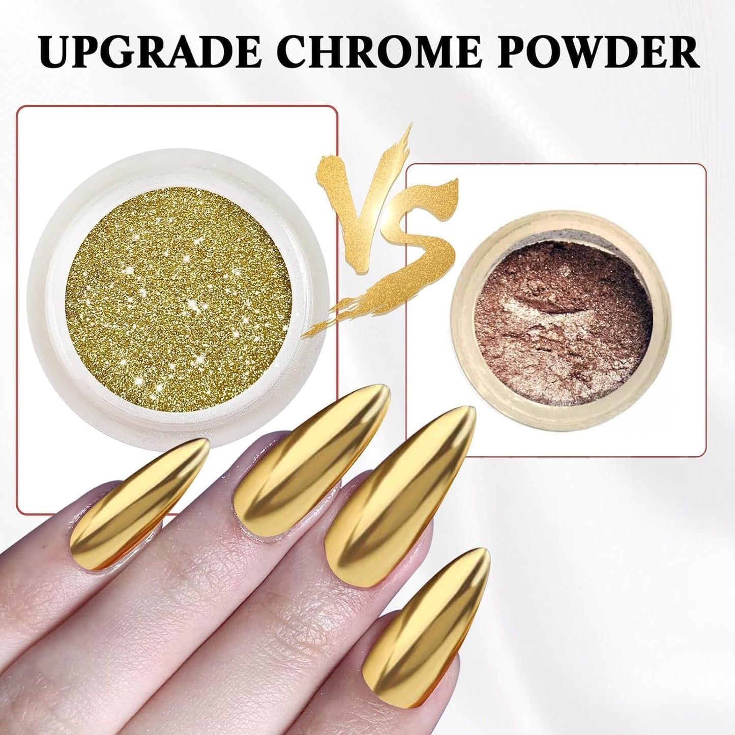 2 Jars Chrome Nail Powder：Mirror Effect Gold Chrome Nail Powder,Metallic Mirror Silver Chrome Powders Decoration for DIY Nail Art,Pigment Holo chrome powder with 4 Eyeshadow Sticks-BrightBean Baby