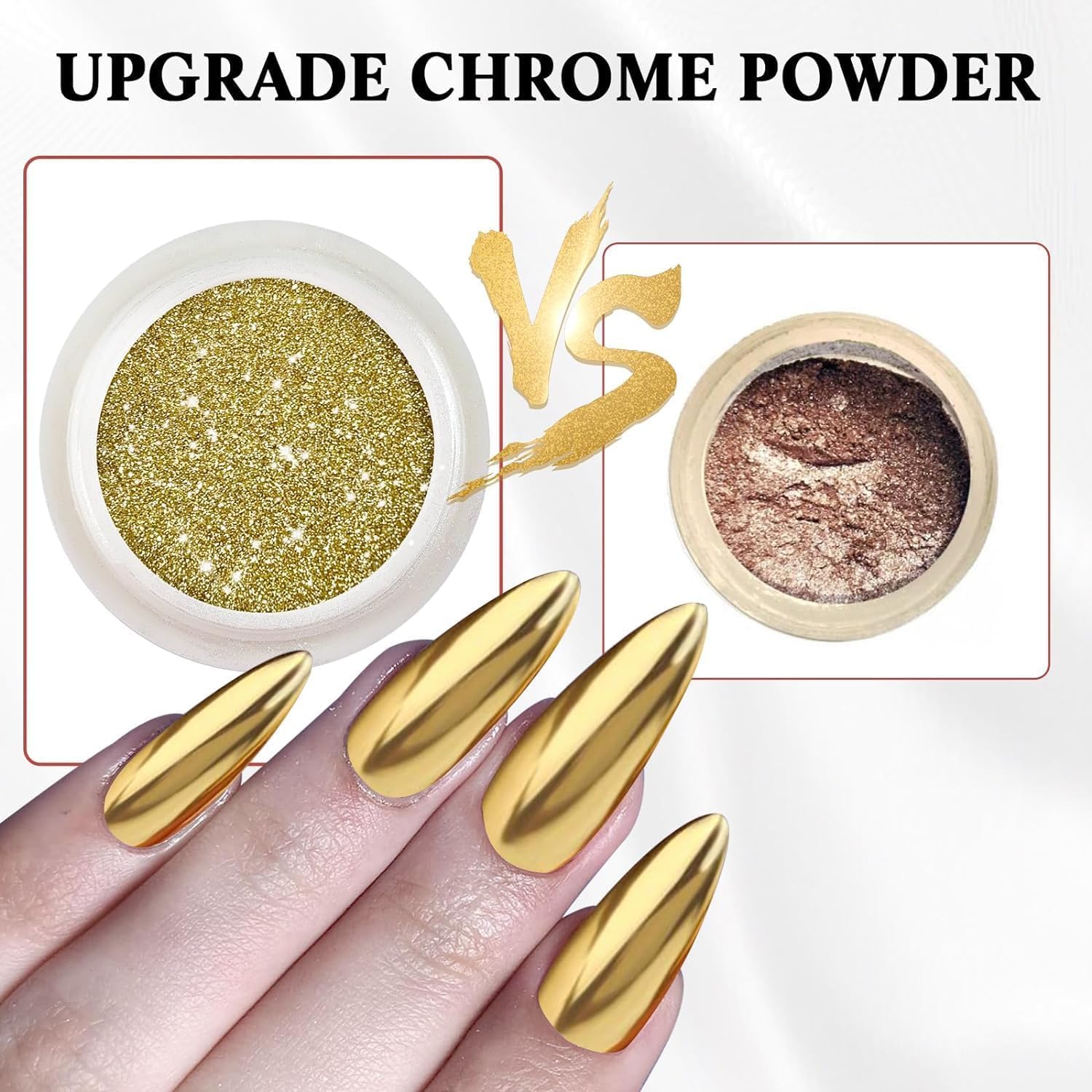 2 Jars Chrome Nail Powder：Mirror Effect Gold Chrome Nail Powder,Metallic Mirror Silver Chrome Powders Decoration for DIY Nail Art,Pigment Holo chrome powder with 4 Eyeshadow Sticks-BrightBean Baby