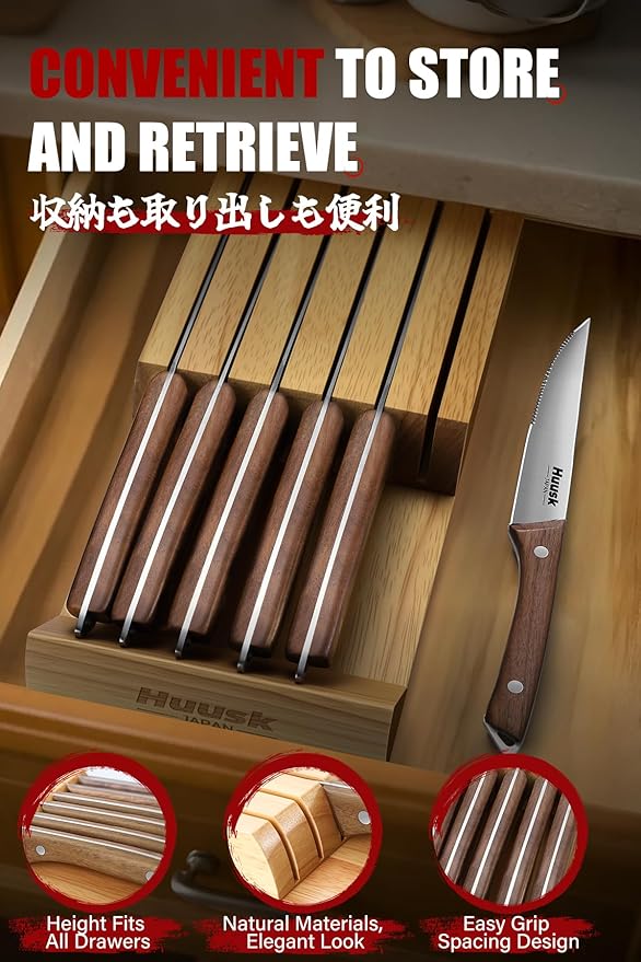 Huusk Steak Knives Set of 6 with Drawer Organizer-4.5 in Japanese Serrated Steak Knife Set with Block, Serrated & Straight Dual-Edge, Stainless Steel Steaks Knives with Holder, Gift Box for Men Wowen