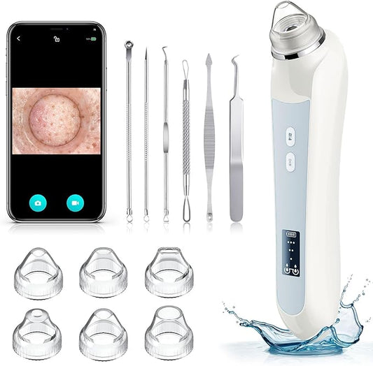 Facial Pore Blackhead Remover Vacuum, 1080P Camera Blackhead Remover, 20x Zoom, 8 LEDs ＆ 3 Suction Modes, 800mAh Battery & USB - 6 Heads Pore Cleaner Kit for Women&Men(White)-BrightBean Baby