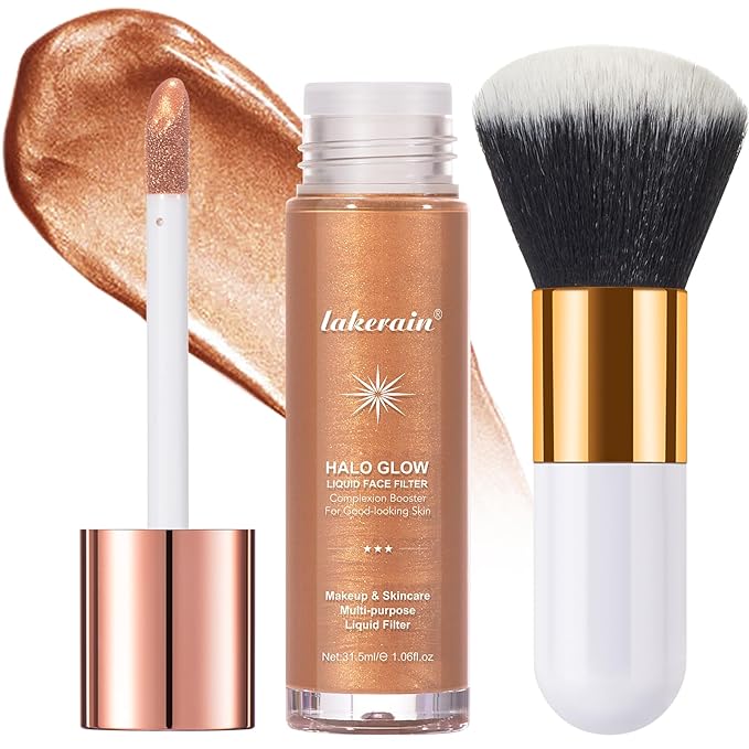 Natural Glow Liquid Filter Makeup, Longwear Face Luminizer, Complexion Booster For Any Part of the Body, Liquid Highlighter with Brush Kit, Infused Hyaluronic Acid, 1.06 fl oz (#05 MEDIUM/TAN)-BrightBean Baby