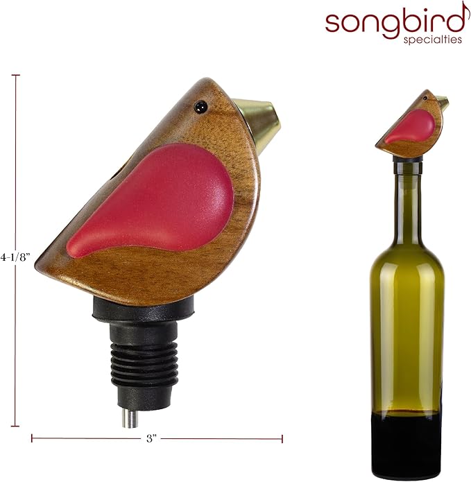 Songbird Specialties Wine Bottle Pourer, Fun Wine Pourer Spout Sings While It Pours, Airtight Wine Bottle Sealer, Acacia Wood with Red Wings