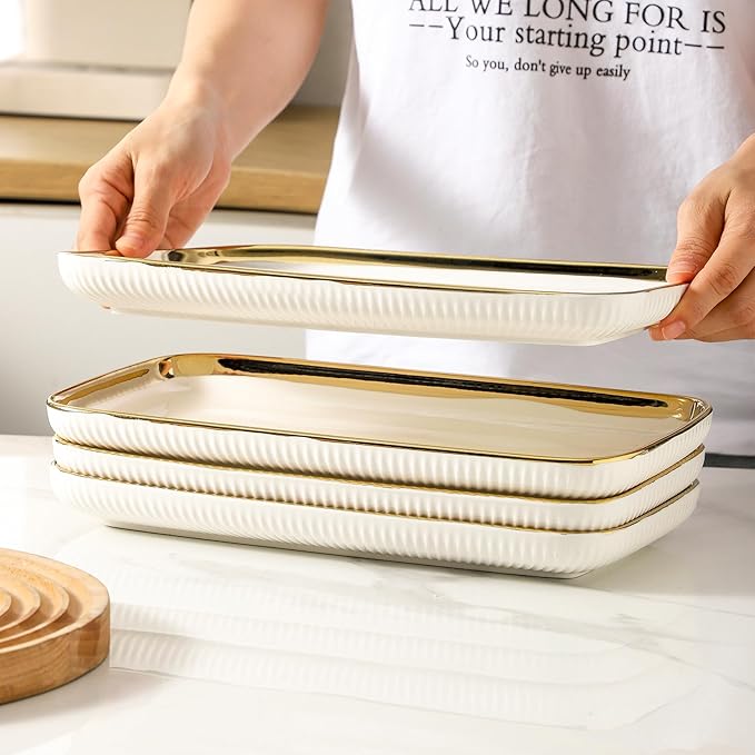 LETAOTAO Serving Platters, Ceramic Serving Platters Set of 4, 12 Inch Rectangular Serving Trays Dishes for Party Entertaining, White Dinner Plates with Gold Trim for Sushi Desserts Appetizers Salad