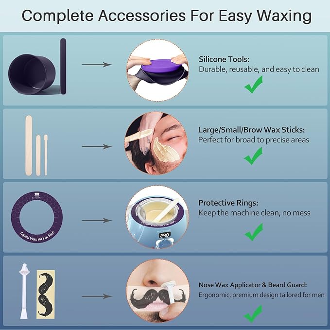 BLITZWAX Back and Nose Waxing Kit for Men, Hard Wax Warmer for Brazilian, Body and Face, At Home Hair Removal Kit, Beginner Friendly, Quick Heating, 93 Accessories, Blue Waves-BrightBean Baby
