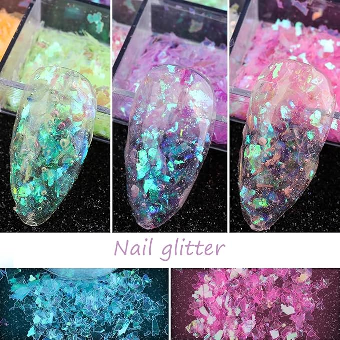 12 Colors Holographic Nail Art Glitter Sequins Iridescent Ice Slag Nail Glitter Laser Nail Art Flakes Colored Fluorescent Glass Paper Nail Sticker Decoration for Face Hand Body Make-Up DIY-BrightBean Baby