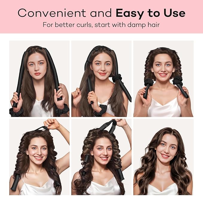 Umisleep 22 Momme 100% Mulberry Silk Heatless Hair Curler Set — Frizz-Free Hair Rollers for Women Long Hair, Overnight Heatless Curls, Upgraded Soft Flat Design with Clips & Scrunchies, Black-BrightBean Baby