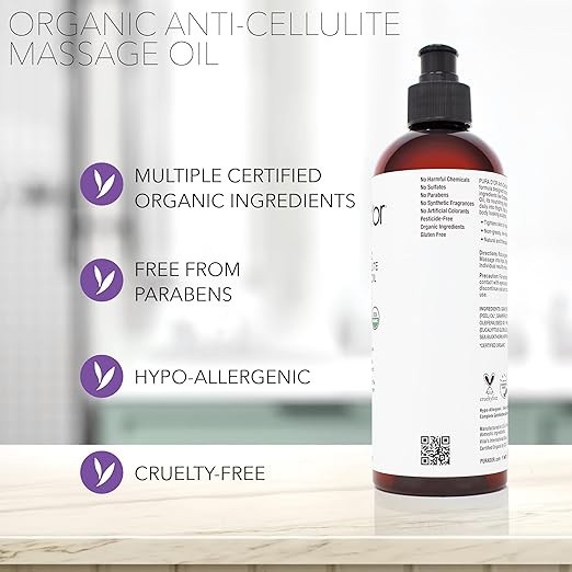 PURA D'OR 16 Oz Organic Anti-Cellulite Massage Oil - Lemon Peel, Moringa, Grape Seed, Grapefruit & Eucalyptus Oils - Skin Firming & Tightening for Active Individuals & Aging Adults-BrightBean Baby