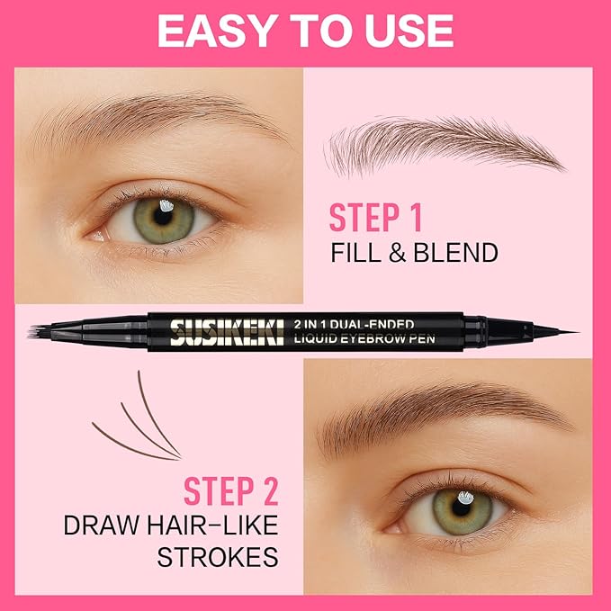 Dual Ended Microblading Eyebrow Pen - 2 in 1 Liquid Eyebrow Pencil with Brow-Fection Angled Brush & Precise Detail Brush-Tip, Shapes & Fills Hair-Like Looking Brows, Lasts All-Day, Dark Brown-BrightBean Baby