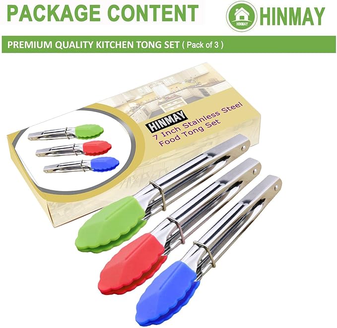 Mini Tongs with Silicone Tips 7-Inch Serving Tongs, Set of 3 (Green Red Blue)