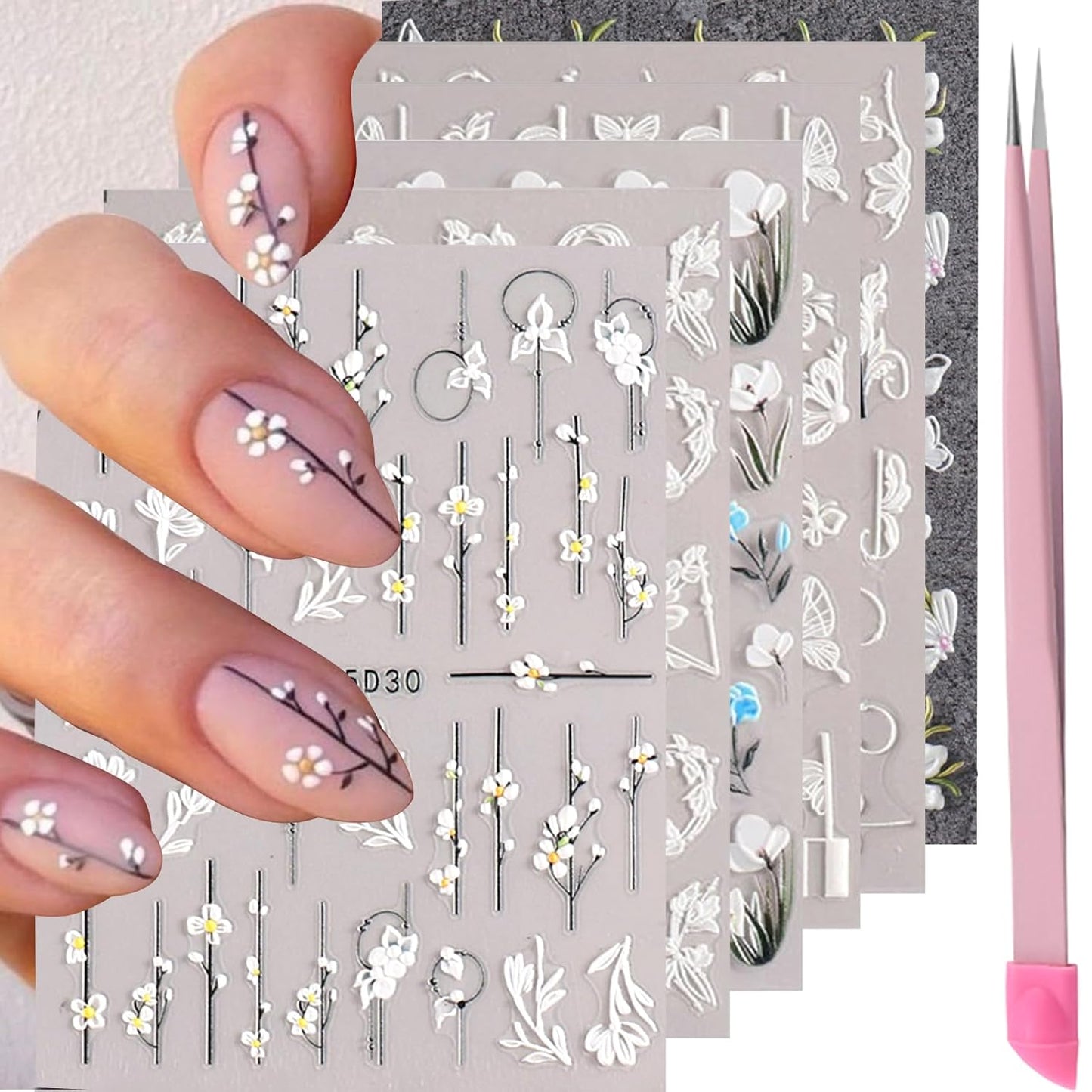 Flower Nail Stickers for Nail Art 5D Embossed Engraved Nails Decals 3D Spring Summer Accessories White Blue Self-Adhesive Nails DIY Design Decoration for Women Girls（6 Sheets-BrightBean Baby